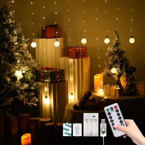 Vista 7 de Dailyart Luces LED para dormitorio, 300 luces LED de cortina de bola de deseos, 8 modos, USB / funciona con pilas, luces de hadas con control remoto