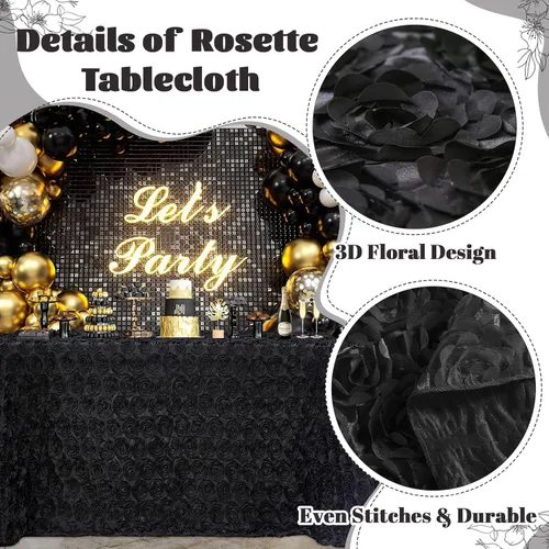 Vista 3 de B-COOL Mantel de rosetón negro de 60 x 102 pulgadas, mantel rectangular floral 3D para decoración de cumpleaños al aire libre, fiestas de cumpleaños
