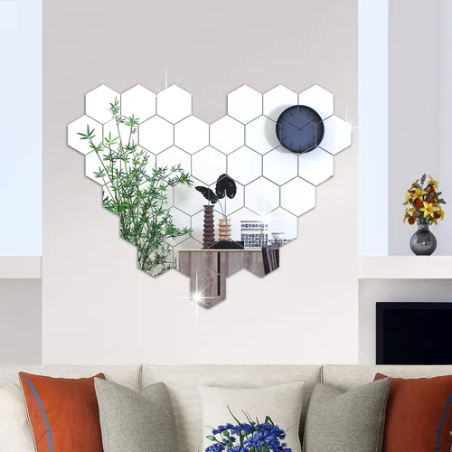 Vista 7 de 36 calcomanías de pared de espejo acrílico extraíbles, calcomanías de pared hexagonales plateadas, calcomanías de pared autoadhesivas 3D, azulejos