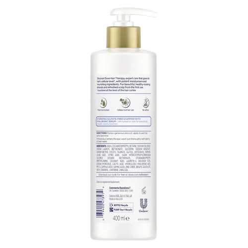 Vista 3 de Dove Champú de spa de hidratación para cabello seco con suero hialurónico, 13.5 onzas líquidas