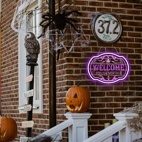 Vista 3 de Horseneon Letrero de neón de Navidad con texto en inglés "Welcome Foolish Mortals", mansión embrujada, decoración de pared LED para puerta, Mab