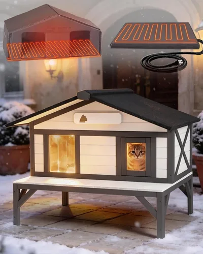 Vista 7 de Cat House - Casa para gatos con cortina para gatos con aislamiento, techo resistente a la intemperie (cubierta individual)