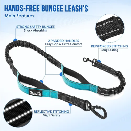 Vista 5 de AUTOWT Correa para perro manos libres con bolsa extraíble con cremallera, correas elásticas que absorben los golpes, doble asa y costuras