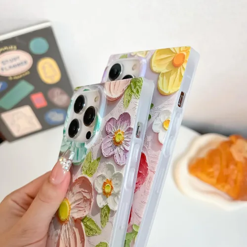 Vista 6 de Funda compatible con iPhone 14 Pro con borde rectangular, bonita funda protectora de lujo con pintura al óleo y flores para mujeres y niñas, funda