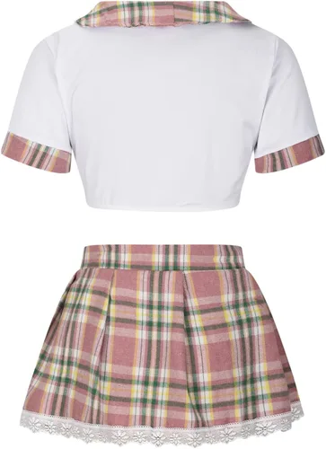 Vista 3 de Zzalalana Conjunto de lencería sexy para mujer, disfraz de estudiante travieso para juegos de rol, lencería con cordones y falda a cuadros