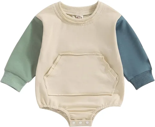 Vista 22 de Mameluco de manga larga con bloques de color para bebé, niño, niña, con bolsillo, cuello redondo, sudadera básica para otoño e invierno