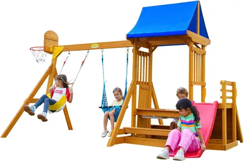 Vista 6 de Juego de columpio y tobogán para niños pequeños de 86 x 78 pulgadas, juegos de madera 6 en 1 para patios traseros con columpio de bebé, tobogán