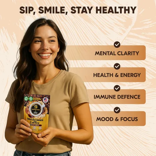 Vista 3 de Café de Hongos – Café instantáneo orgánico 10 en 1 Arábica - Cafe de Hongos con melena de león, cola de pavo, chaga – Enfoque, salud intestinal