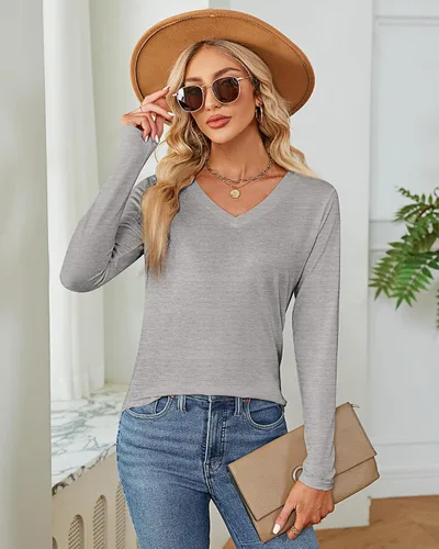 Vista 3 de Ficerd Paquete de 2 camisetas de manga larga para mujer, cuello en V, casuales, ajustadas, básicas, de color sólido, dobladillo curvado