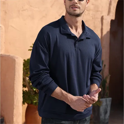 Vista 6 de Opomelo Men's Long Sleeve Solid Polo Shirts -Fashion Casual Golf Shirt Collared T Shirts