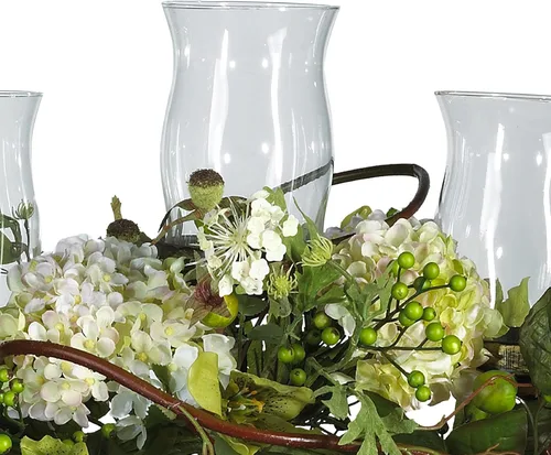 Vista 3 de Nearly Natural 4634-CR Hydrangea - Centro de mesa triple de candelabro, color crema, 29 x 10.25 x 10.25 pulgadas Arreglo floral blanco, portavelas
