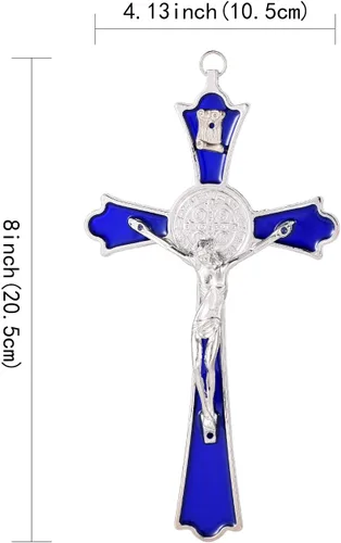 Vista 4 de VINETEN Crucifijo de pared esmaltado azul - Cruz de pared de metal de San Benito, cruz de arte para dar bendición y lo sagrado espiritual, regalo