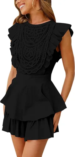 Vista 3 de AIMCOO Enterizo de manga con vuelo y encaje de ganchillo para mujer, vestido con cuello redondo y lazo en la cintura, overoles cortos con volantes