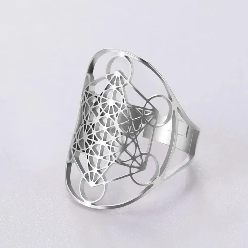 Vista 4 de Amaxer Metatron's - Anillo de acero inoxidable con diseño de arco y metatrón, para mujer, con banda abierta