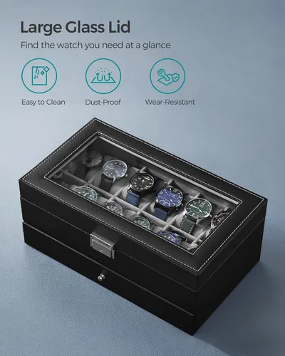 Vista 5 de SONGMICS Caja de reloj, Organizador de 12 relojes de hombre, Joyero con cerradura y llaves, Negro UJWB012