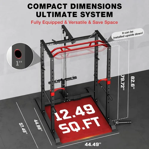 Vista 9 de Jaula de potencia JELENS, banco multifunción S11 con capacidad de 2000LBS, barra para sentadillas con sistema de poleas ajustable y más accesorios