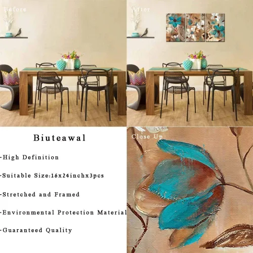 Vista 6 de Biuteawal - Pintura abstracta de flores sobre lienzo, arte de pared, diseño floral azul y blanco, ilustraciones decorativas contemporáneas