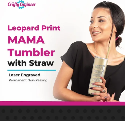 Vista 2 de The Crafty Engineer Vaso MAMA con estampado de leopardo negro mate, grabado con láser, vaso aislado de 20 onzas listo para viajar con popote