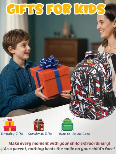 Vista 3 de BLUEFAIRY Mochila escolar para niños de regreso a la escuela, bolsa de libros, Negro Blanco, Triángulo