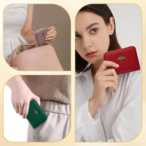 Vista 6 de WOZEAH Tarjetero de cuero para mujer, cartera con bloqueo RFID, con cremallera, tarjetero, para negocios, Negro, Sólido