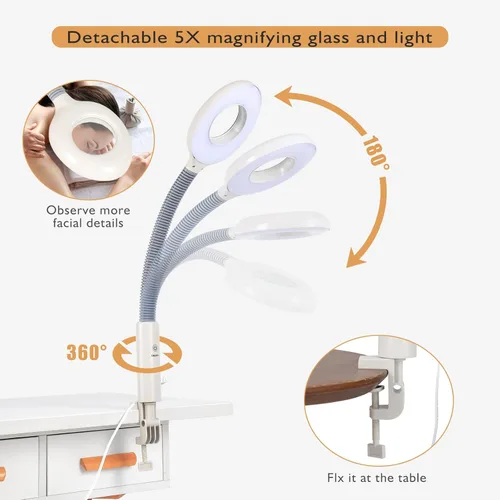 Vista 5 de Fitnessclub 2 en 1 vapor facial 5x LED lámpara de aumento caliente ozono salón de belleza equipo facial para hidratación, blanco