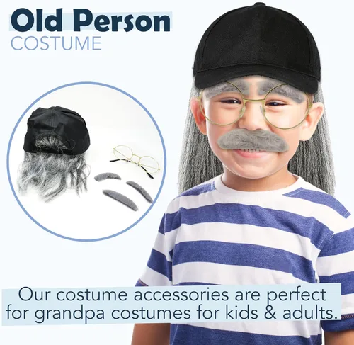 Vista 6 de 4E's Novelty Kit de disfraz de anciano para niños y adultos, incluye sombrero con peluca, gafas, bigote adhesivo y cejas, disfraz del día 100