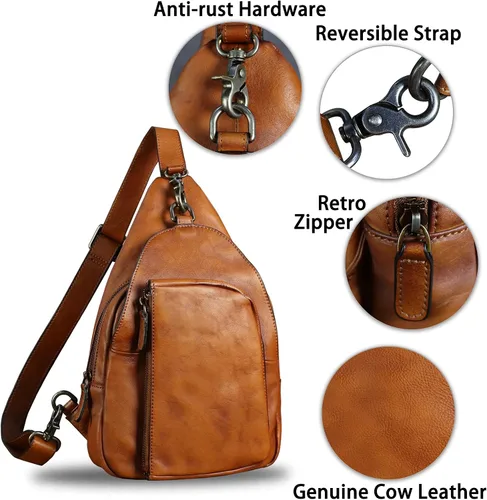 Vista 6 de Bolso bandolera de cuero genuino para hombres y mujeres, mochila vintage de cuero real, bolsa cruzada de hombro, bolsa de pecho