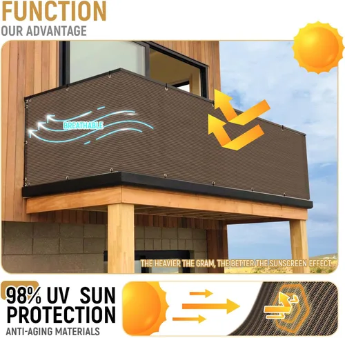 Vista 5 de 2.5' x 10' Malla de Pantalla de Valla de Privacidad para Balcón Protección contra Viento Cubierta Incluye Bridas de Cable para Terraza Apartamento