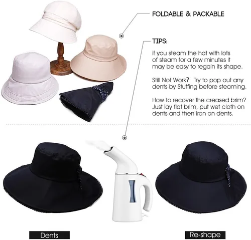 Vista 5 de Comhats Sombrero de verano plegable de algodón para mujer, protección UV, ala ancha, jardinería, viajes, 21.3-25.2 in