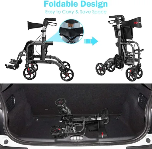 Vista 6 de GOPLUS Andadores con ruedas 2 en 1 para personas mayores, andador plegable con asiento, rueda de 8 pulgadas, combinación de andador médico y silla