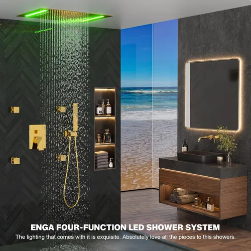 Vista 3 de ENGA Sistema de ducha dorado brillante con chorros corporales, 2 en 1 funciones de montaje en techo, cabezal de ducha LED de 14 x 20 pulgadas con 4