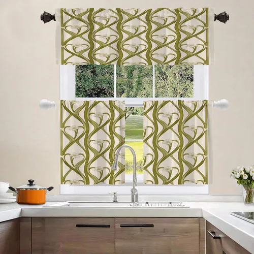 Vista 8 de Shrahala Art Nouveau Floral Pattern Blackout Curtain Tiers, Delicate Vine and Flower Design Kitchen Valance Light Blocking Tier Drapes with Rod