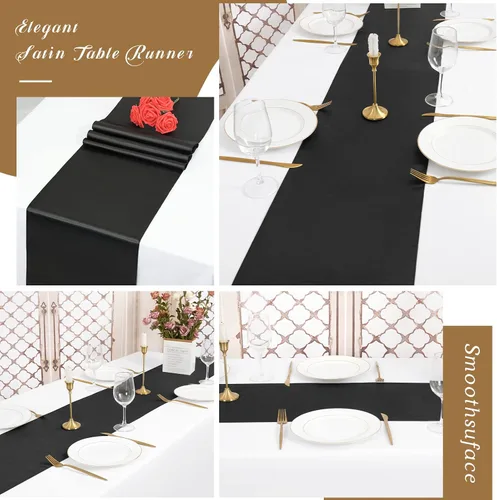 Vista 6 de Paquete de 24 caminos de mesa de satén negro de 12 x 72 pulgadas de largo, seda brillante, tela suave, dorada, para fiesta, boda, recepción
