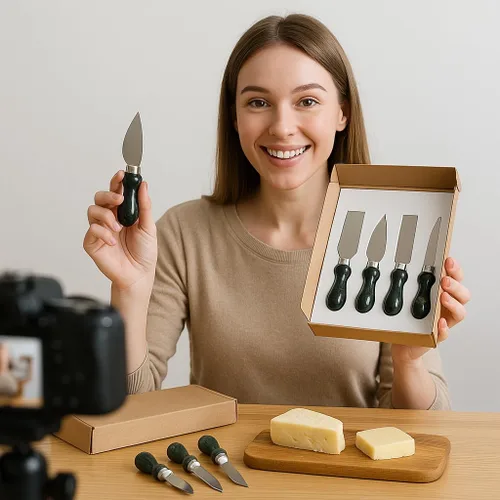 Vista 2 de Creative Home Juego de cuchillos de queso de 4 piezas con mango de mármol natural, cortador de acero inoxidable para quesos suaves y duros