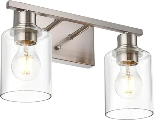 Vista 17 de Lámpara de pared de 3 luces de níquel cepillado de metal, lámpara de tocador de interior con pantalla de vidrio transparente, accesorios