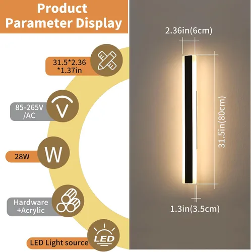 Vista 4 de Apliques de pared para exteriores, luces de pared modernas de 31.4 pulgadas, 3 luces de color 3000 K/4500 K/6000 K, panel acrílico, luz exterior