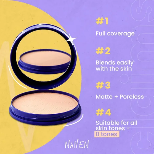 Vista 7 de Nailen Base de maquillaje compacta en polvo con acabado mate, control de brillo, cobertura completa, ideal para todo tipo de piel y aspecto de cara