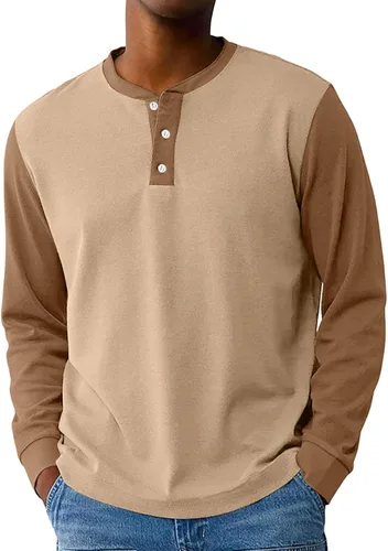 Vista 13 de Camisas de manga larga Henley con bloques de color para hombre, estilo casual, con botones, clásica, suave, transpirable