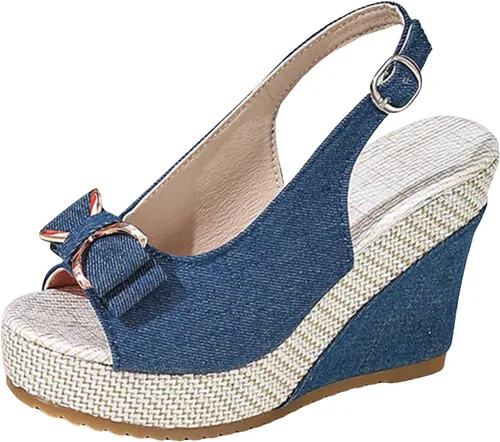Vista 8 de Sandalias de cuña de mezclilla para mujer 2026 con puntera abierta, alpargatas con lazo, zapatos casuales de playa de verano para viajes, fiestas