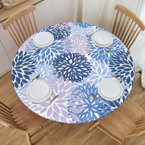 Vista 29 de Fiokroo Mantel de Flores de Crisantemo Azul, Amarillo y Azul Marino con Borde Elástico, Mantel Redondo Lavable y Reutilizable Cubierta de Mesa