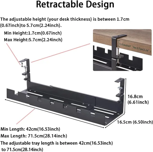 Vista 2 de Bandeja extensible para organizar cables debajo del escritorio, carga máxima de 22 libras, montaje de abrazadera, metal súper resistente, sin