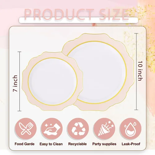 Vista 8 de 100 platos de plástico rosa - Platos desechables rosa y dorado resistentes - Incluye 50 platos para cena y 50 platos para pastel para el día de San