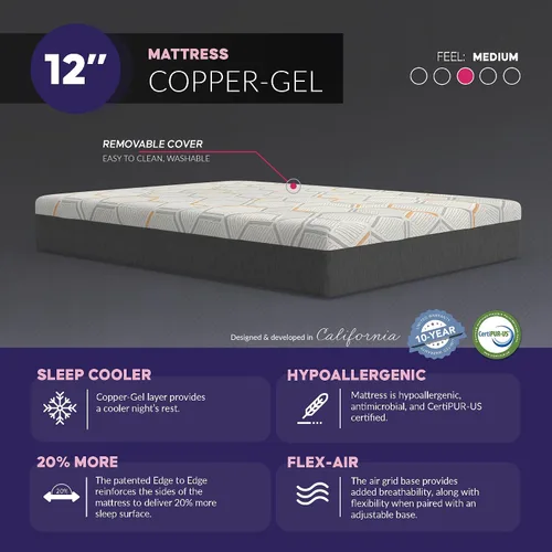 Vista 4 de Blissful Nights - e4 - Juego de base de cama ajustable con cabezal dividido y colchón de espuma viscoelástica con infusión de gel de cobre de 12