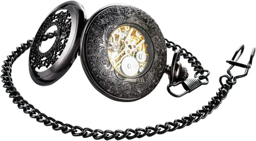 Vista 6 de BOSHIYA Mens Vintage Skeleton Pocket Watch Steampunk Windup Half Hunter Mechanism Gear Cover with Chain