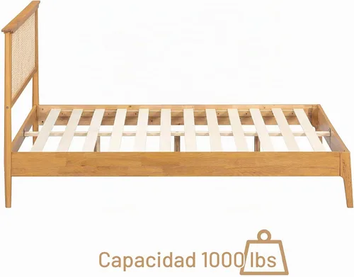 Vista 3 de NTC Marco de Cama de Madera Ruby con Cabecero y Ratán Natural, Base de Madera Sólida de Roble/Caucho con Listones Silenciosos, Capacidad de 1000