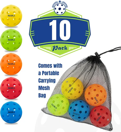 Vista 2 de Muka Paquete de 10 bolas de pickleball con bolsa de cordón, bolas de pickleball de 40 agujeros para exteriores