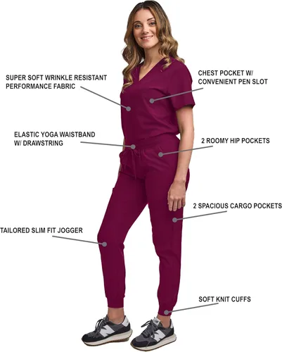 Vista 2 de Green Town Conjunto de ropa quirúrgica para mujer, pantalón deportivo y parte superior con cuello en V, 5 bolsillos, cintura de yoga, uniforme