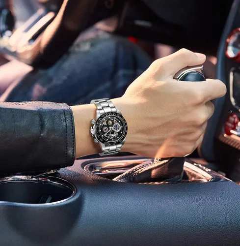 Vista 5 de LOREO Reloj Automático para Hombre de Acero Inoxidable Plateado con Cristal de Zafiro, Bisel de Cerámica, Fecha, Militar, de Buceo, Impermeable Negro