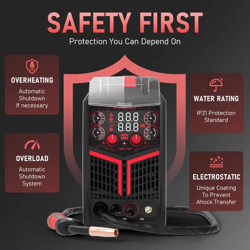 Vista 7 de YESWELDER Soldador MIG 160A, 110V/220V Voltaje Dual, 4 en 1 Gas MIG/Flux Core MIG/Elevación TIG/Stick Multiproceso Pantalla Digital LED Grande
