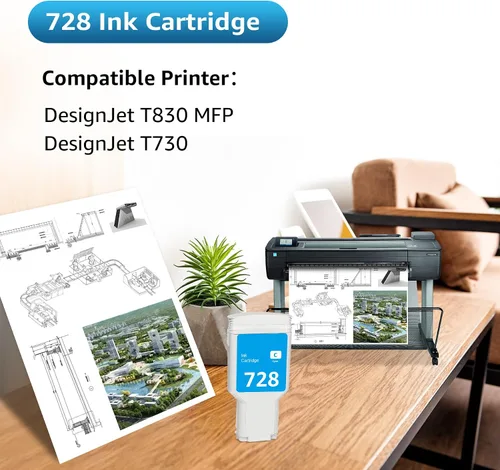 Vista 2 de Cartucho de tinta compatible de repuesto para remanufacturado 728 cian 10.1 fl oz 728XL tinta (F9J67A) uso con impresoras DesignJet T830 MFP